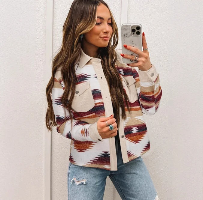 Beige and Multicolour Geometric Print Shirt Jacket