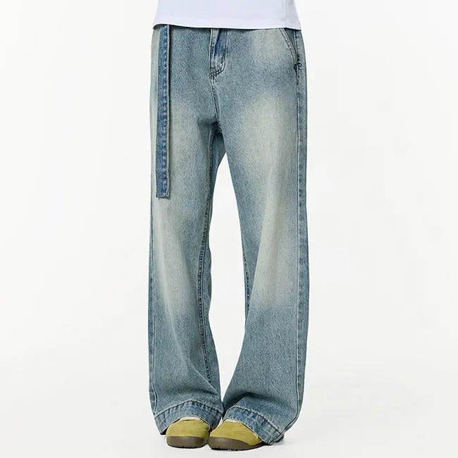 Wide-Leg Washed Blue Jeans with Side Strap Detail