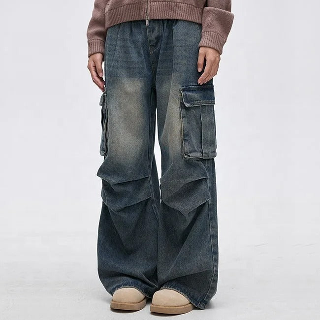 Wide-Leg Washed Blue Cargo Jeans with Utility Pockets