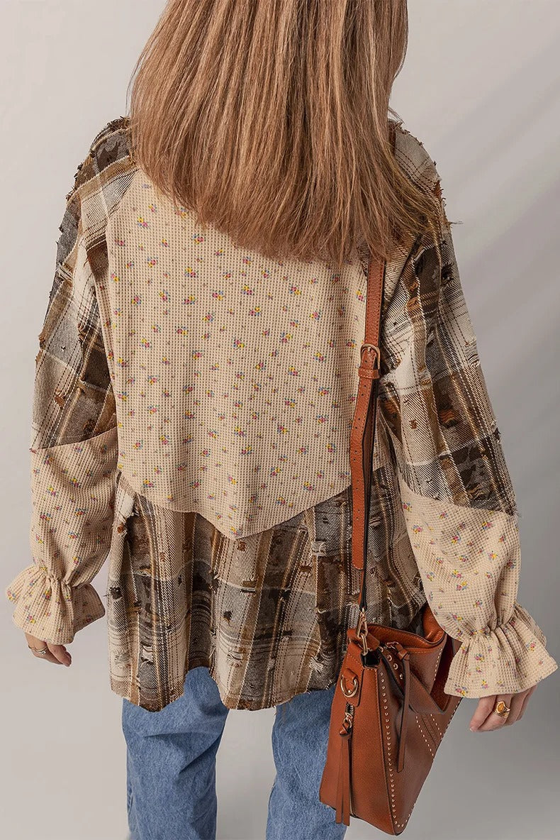 Beige and Brown Patchwork Button-Up Blouse