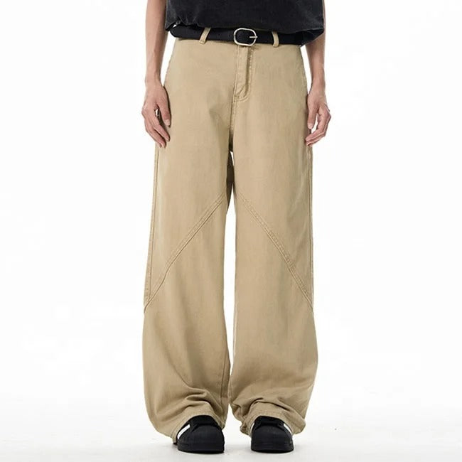 Wide-leg jeans with panel stitching in beige