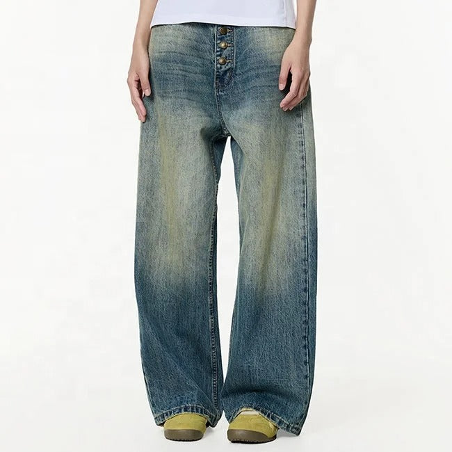 Wide-Leg Washed Blue Denim Jeans with Button Fly