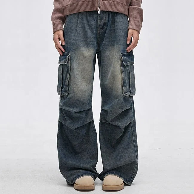 Wide-Leg Washed Blue Cargo Jeans with Utility Pockets