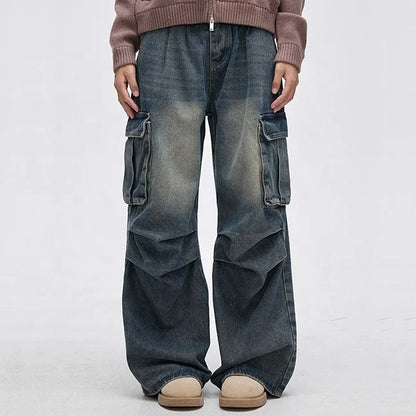Wide-Leg Washed Blue Cargo Jeans with Utility Pockets