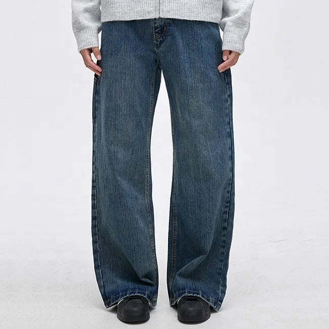 Wide-Leg Blue Denim Jeans with Panelled Back Pocket Detail