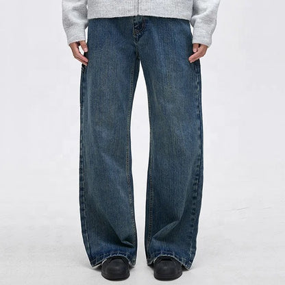 Wide-Leg Blue Denim Jeans with Panelled Back Pocket Detail