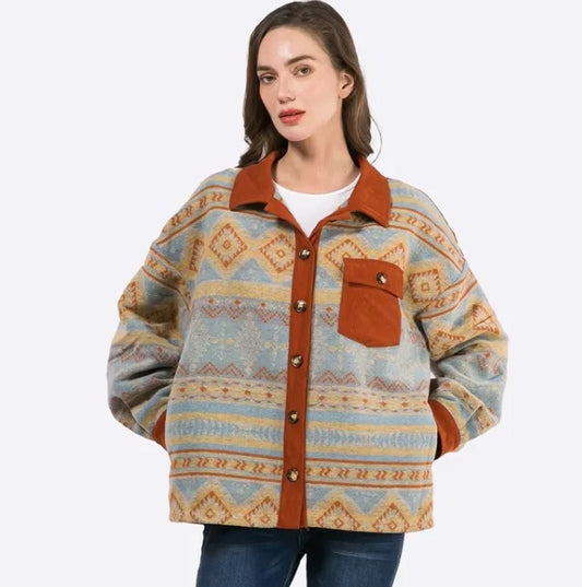 Blue and Rust Patterned Button-Up Shirt Jacket
