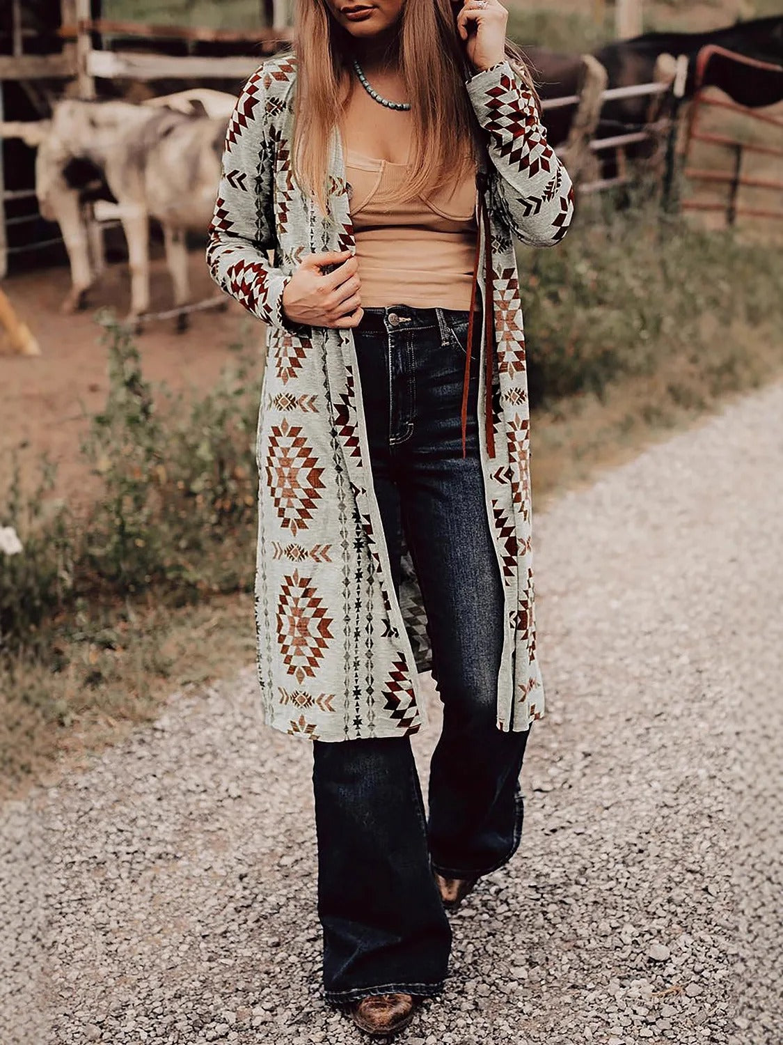 Beige and Rust Geometric Print Longline Cardigan