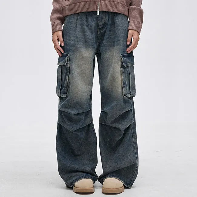 Wide-Leg Washed Blue Cargo Jeans with Knee Panel Detail