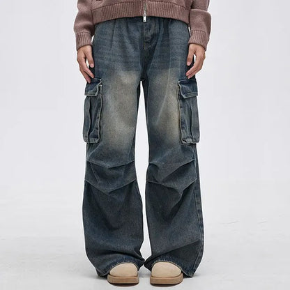 Wide-Leg Washed Blue Cargo Jeans with Knee Panel Detail