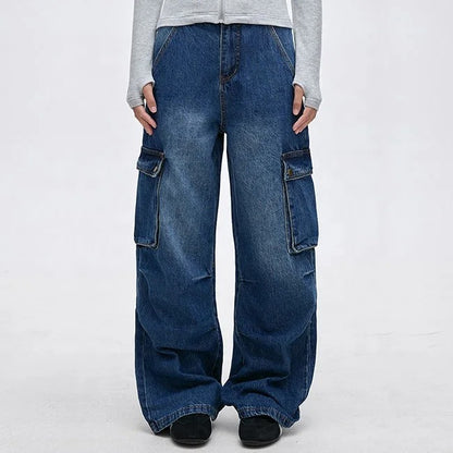 Wide-Leg Blue Denim Cargo Jeans with Flap Pockets