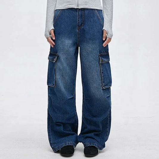 Wide-Leg Blue Denim Cargo Jeans with Flap Pockets