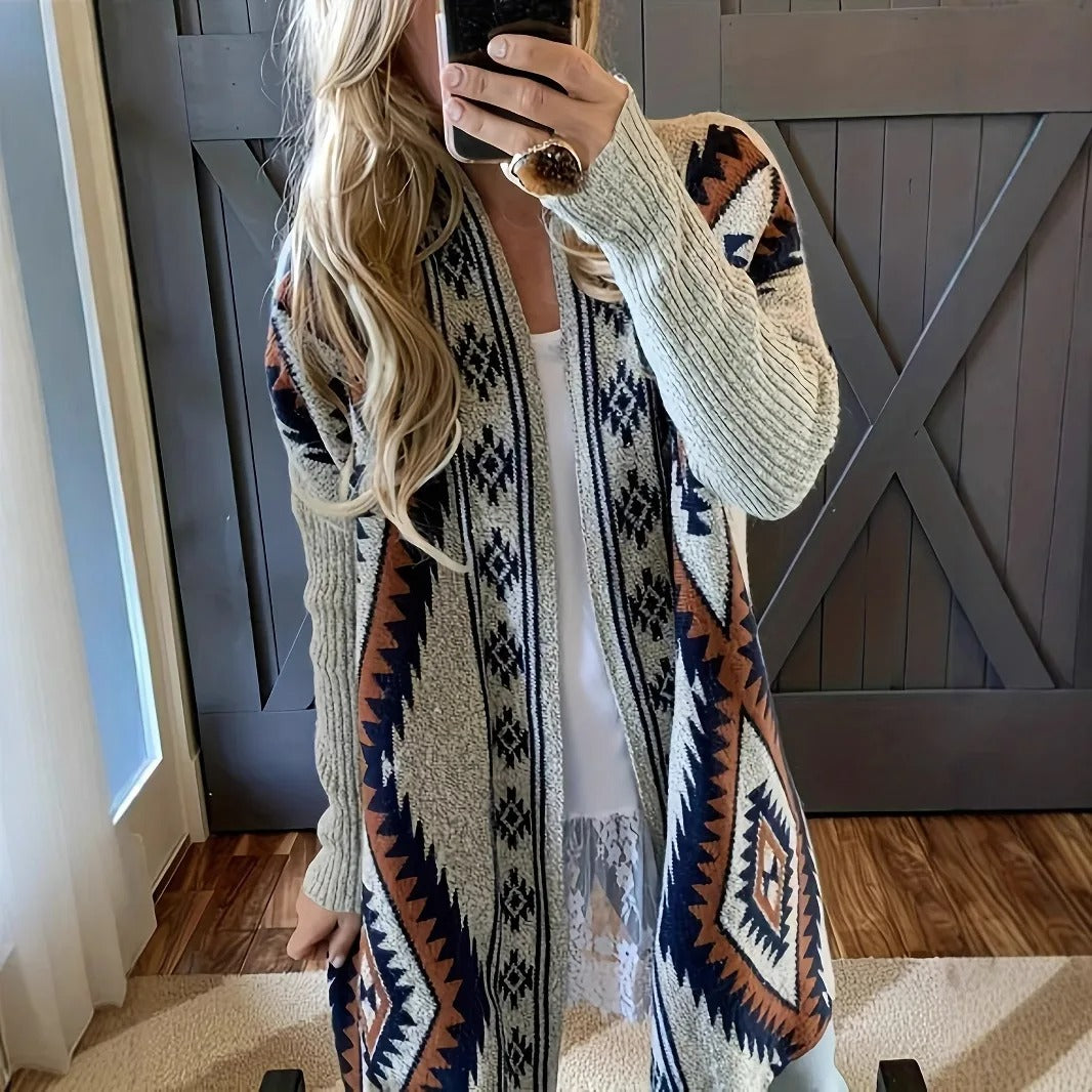 Beige and Navy Geometric Knit Longline Cardigan
