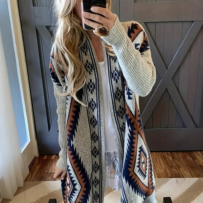 Beige and Navy Geometric Knit Longline Cardigan