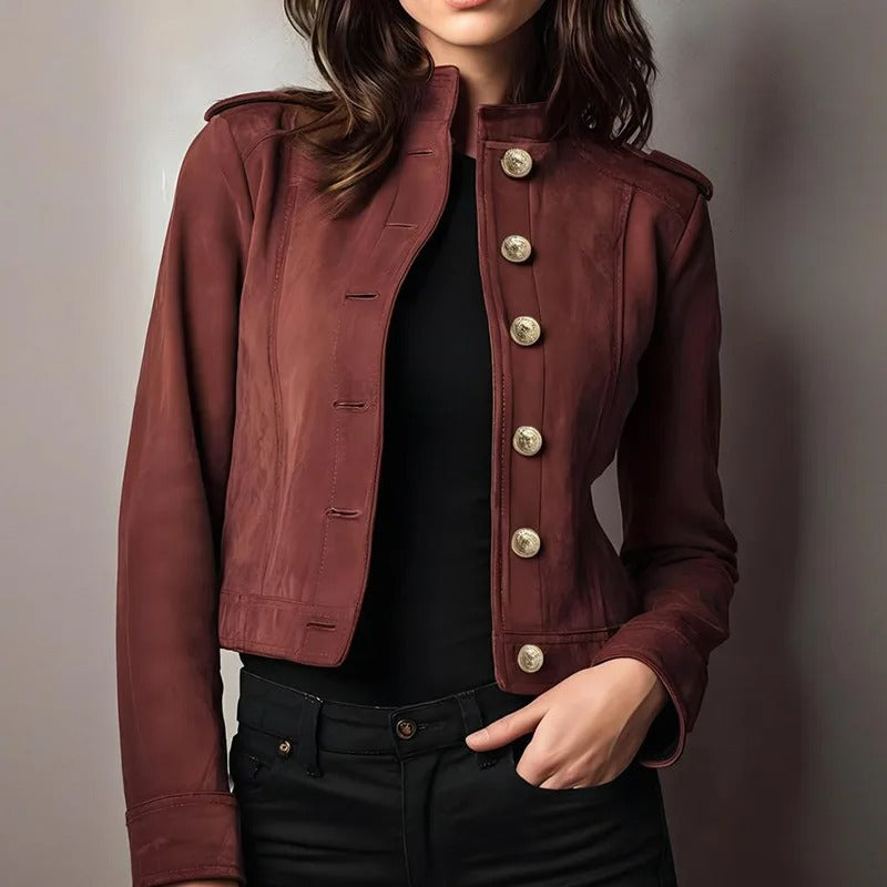 Rust Red Button-Up Cropped Jacket with Stand Collar