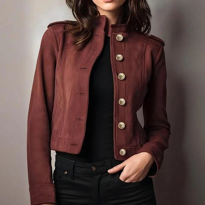 Rust Red Button-Up Cropped Jacket with Stand Collar