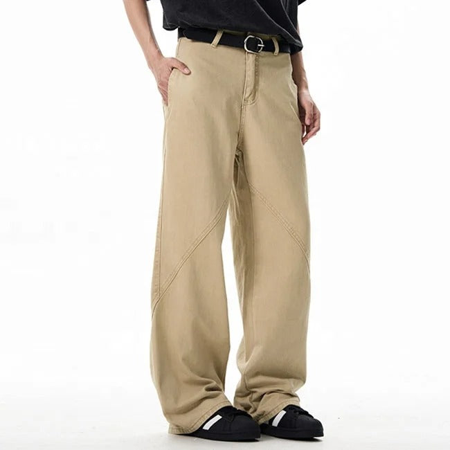 Wide-leg jeans with panel stitching in beige