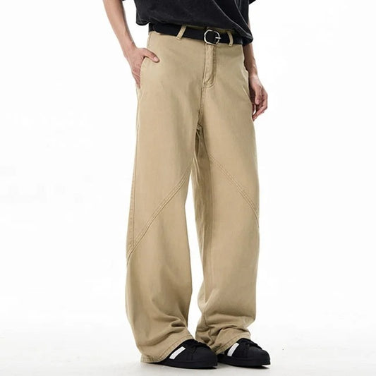 Wide-leg jeans with panel stitching in beige
