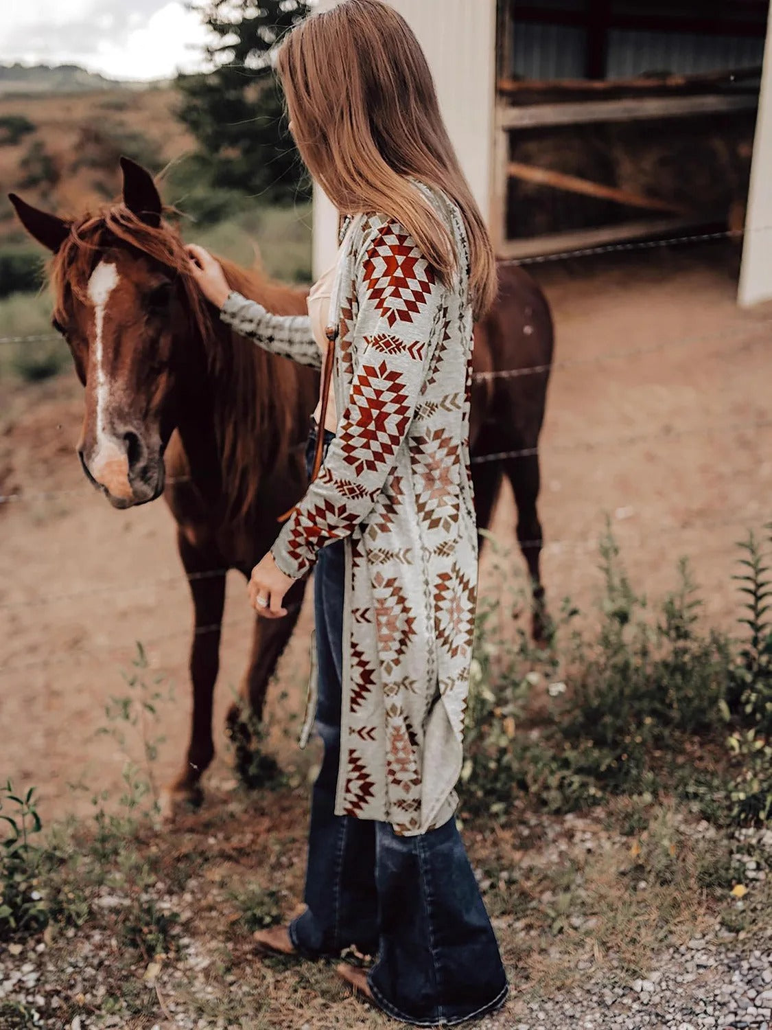 Beige and Rust Geometric Print Longline Cardigan