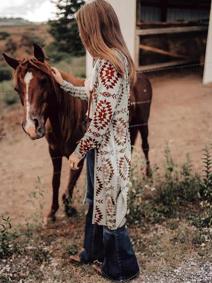 Beige and Rust Geometric Print Longline Cardigan