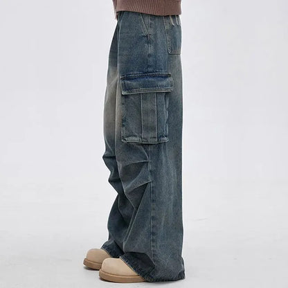 Wide-Leg Washed Blue Cargo Jeans with Knee Panel Detail