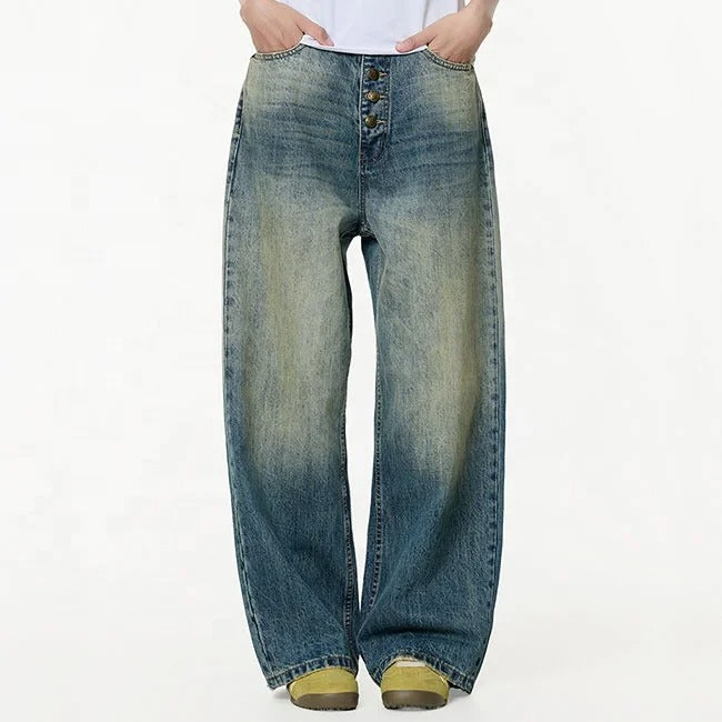 Wide-Leg Washed Blue Denim Jeans with Button Fly