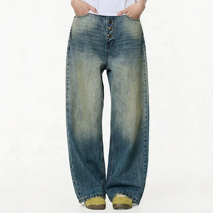 Wide-Leg Washed Blue Denim Jeans with Button Fly
