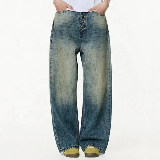 Wide-Leg Washed Blue Denim Jeans with Button Fly