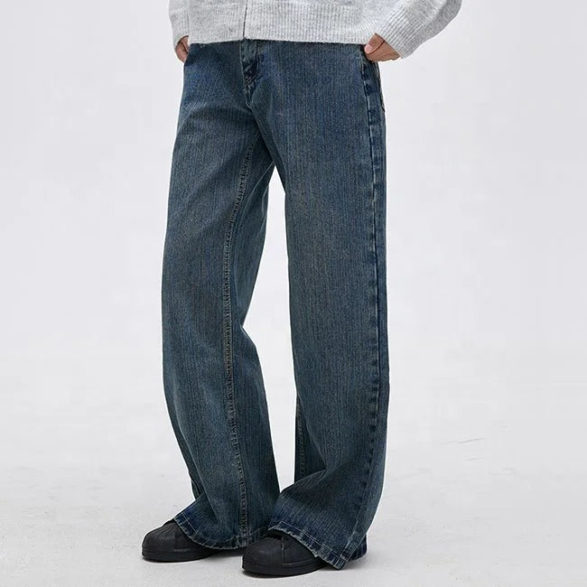 Wide-Leg Blue Denim Jeans with Panelled Back Pocket Detail