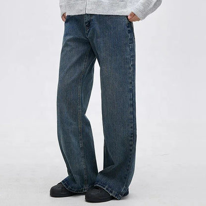 Wide-Leg Blue Denim Jeans with Panelled Back Pocket Detail