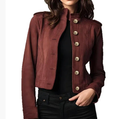 Rust Red Button-Up Cropped Jacket with Stand Collar