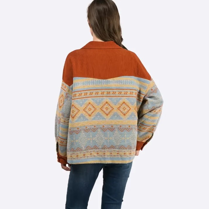 Blue and Rust Patterned Button-Up Shirt Jacket