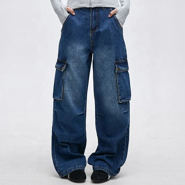 Wide-Leg Blue Denim Cargo Jeans with Flap Pockets