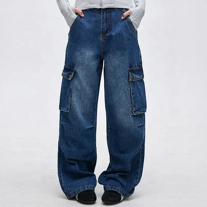 Wide-Leg Blue Denim Cargo Jeans with Flap Pockets