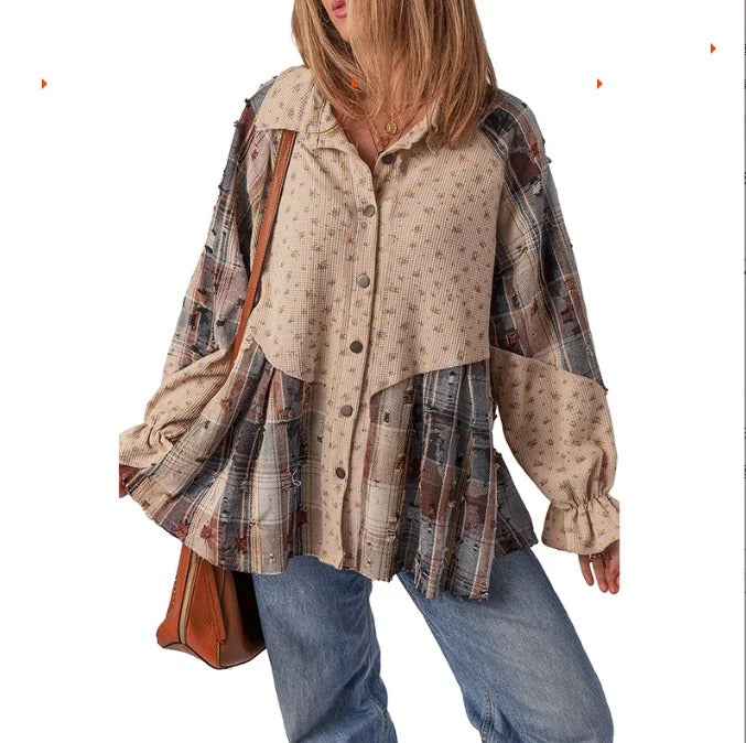 Beige and Brown Patchwork Button-Up Blouse