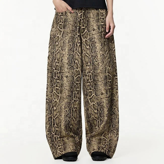 Snake Print Wide-Leg Trousers in Brown