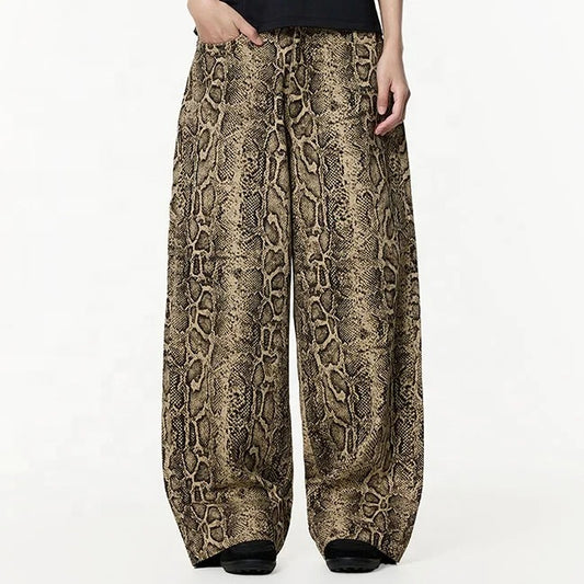 Snake Print Wide-Leg Trousers in Brown