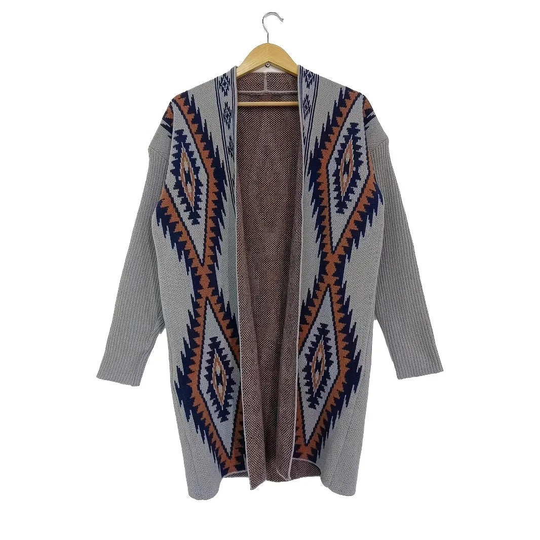 Beige and Navy Geometric Knit Longline Cardigan