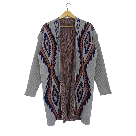 Beige and Navy Geometric Knit Longline Cardigan
