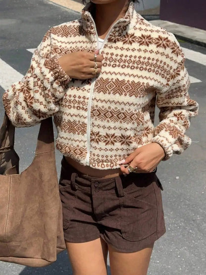 Brown and Cream Patterned Zip-Up Fleece Jacket