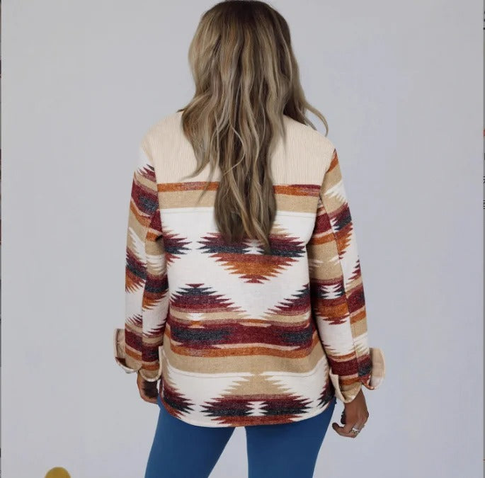 Beige and Multicolour Geometric Print Shirt Jacket