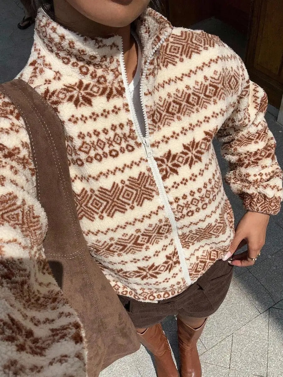 Brown and Cream Patterned Zip-Up Fleece Jacket