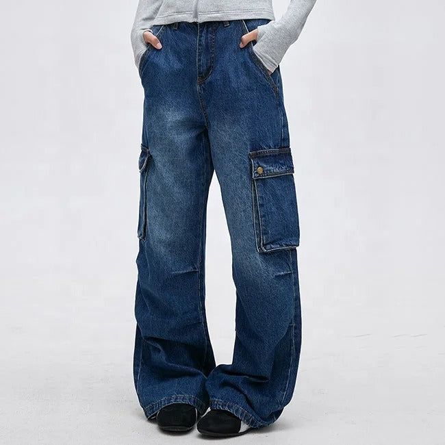 Wide-Leg Blue Denim Cargo Jeans with Flap Pockets