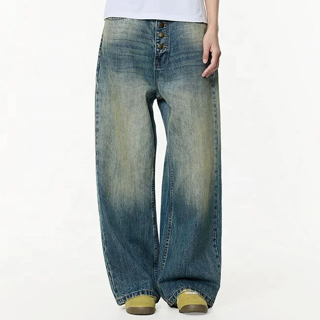 Wide-Leg Washed Blue Denim Jeans with Button Fly