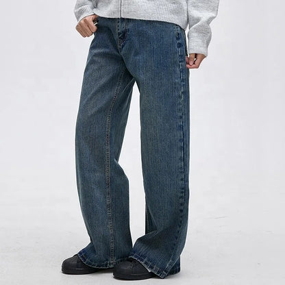 Wide-Leg Blue Denim Jeans with Panelled Back Pocket Detail