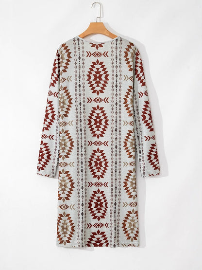 Beige and Rust Geometric Print Longline Cardigan