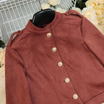 Rust Red Button-Up Cropped Jacket with Stand Collar