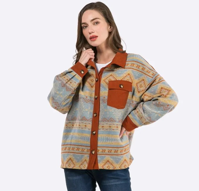 Blue and Rust Patterned Button-Up Shirt Jacket