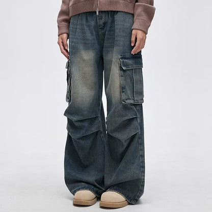 Wide-Leg Washed Blue Cargo Jeans with Knee Panel Detail
