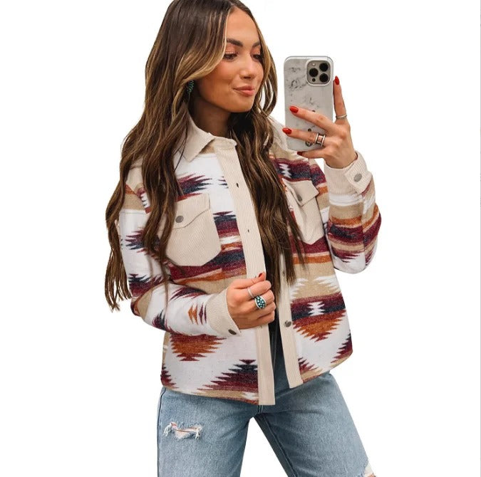 Beige and Multicolour Geometric Print Shirt Jacket